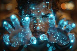 A mans face up close with glowing lights from his hands photo