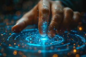 A hand is touching a digital screen displaying an artistic image photo