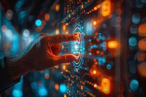 Hand presses a button on a screen in a futuristic scene with electric blue photo