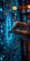 In the image, a female hand is grasping a key near a digital lock photo