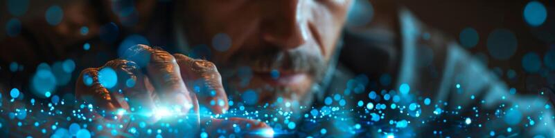 A man with a beard is interacting with a digital screen using his hands photo