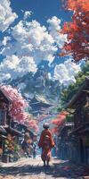 A woman in a kimono walks on a street in nature with green and red tones photo