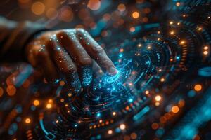 A hand interacts with a cuttingedge digital interface featuring holographic elements photo