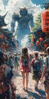 People walking in front of a giant robot on a street photo