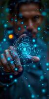 A man is interacting with a hightech display using his finger photo