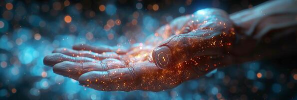 A robotic hand is gently clutching an illuminated item in its grasp photo