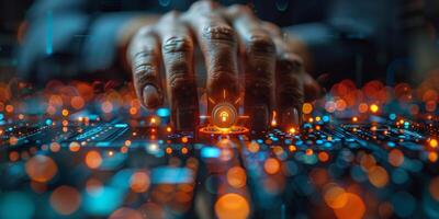 Image shows a closeup of a hand on a futuristic circuit board with glowing lights photo