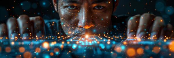 Closeup shot of a mans face illuminated by glowing lights photo