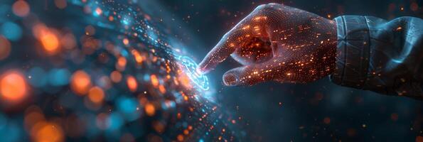 A hand reaches out to interact with a digital touchscreen using its finger photo