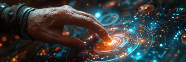 Hand presses button, showing water, fluid, gas, and art on futuristic screen photo