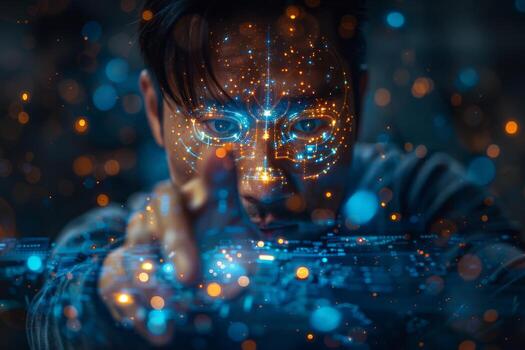 A man with a futuristic face painted on his face is pointing photo