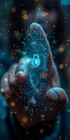 In her hand, a woman is demonstrating a digital padlock with its features photo