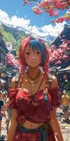 Pixel art of a girl with pink and blue hair by a cherry blossom tree photo