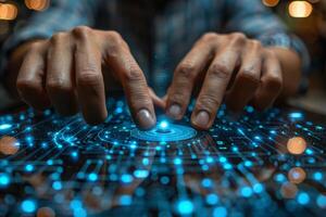 A persons hands typing on a blue keyboard with fluid gestures photo