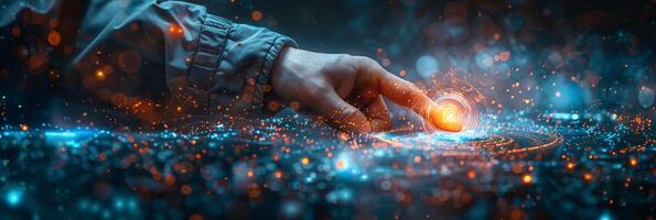 A hand is seen pushing a button on a screen, related to technology photo