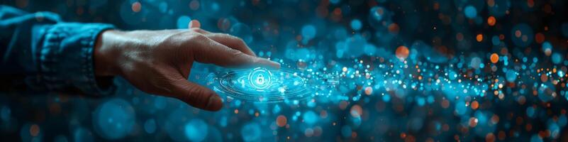 In the image, someones hand is pushing a button displaying a padlock symbol photo