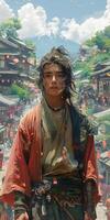 Man in kimono in crowded city with mountain in background photo
