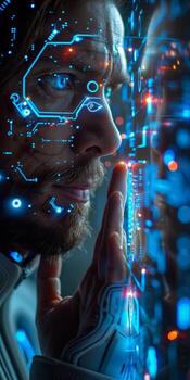 A man with advanced eyewear gazes at a monitor with futuristic visuals photo