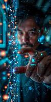 A man interacts with a hightech screen using his finger photo