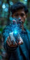 Man interacts with holographic interface in forest setting, exploring futuristic technology concept photo