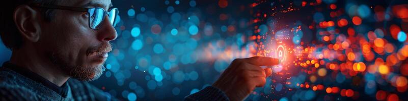 A man with glasses is interacting with a digital touchscreen photo