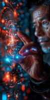 A man is using his finger to interact with a hightech display photo