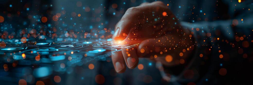 Hand on digital screen with automotive, liquid, space, science keywords photo