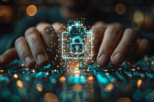 Person typing with a padlock emerging from keyboard photo