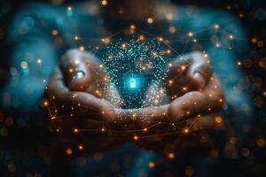 In the image, a person is grasping a luminous padlock photo