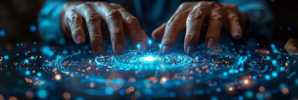 A persons hands pressing a button on a futuristic screen photo