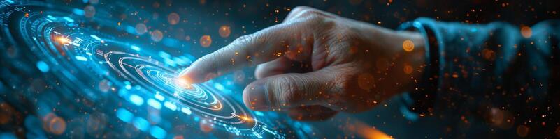 In the image, a hand pushes a button displayed on a futuristic screen photo