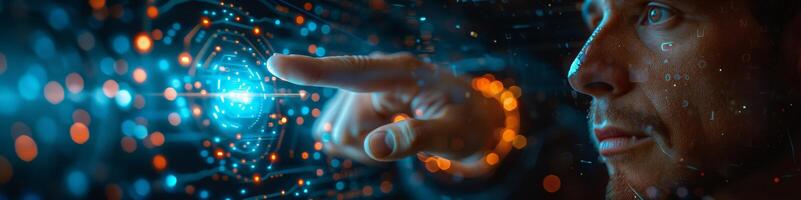 A man is using his finger to press a button on a device photo