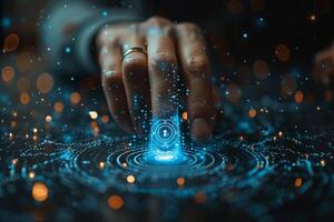 A persons hand pressing a button on a digital screen photo
