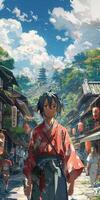 A pixel art of a boy in a kimono standing on a street photo