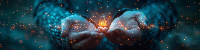 A person is standing outdoors, holding a padlock in their hands under the sky photo