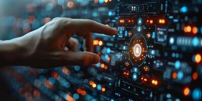 In a futuristic scene, someone uses a hightech interface by pushing a button photo