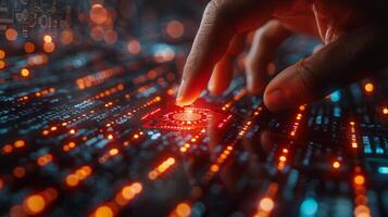 A person is touching a computer chip with their finger on a closeup shot photo