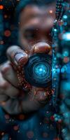 A man is using a camera to take a selfie with a liquid background photo
