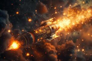 Rocket soars through atmosphere, ablaze with flames, against night sky photo