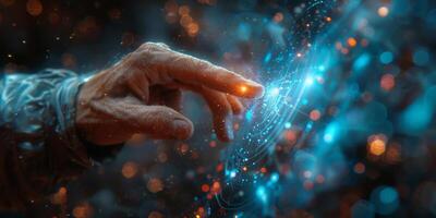A hand with a finger is touching a digital screen photo