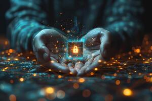 In the image, someone is holding a digital lock in their hands photo