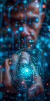 A man is holding a futuristic screen in his hands, looking at it with interest photo
