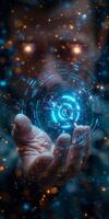 A man holds a futuristic object amid a background of nebulae and galaxies photo