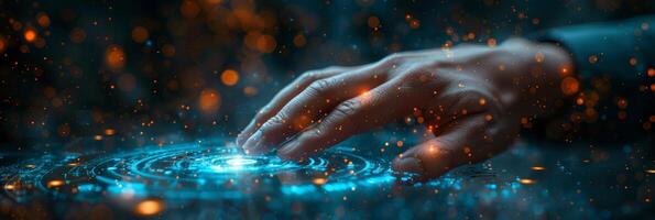 A person s hand pressing a button on a futuristic screen photo