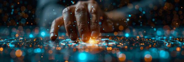 A detailed view of a hand touching a digital display screen photo