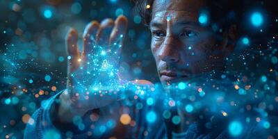 A man holds a glowing object, surrounded by various related keywords photo
