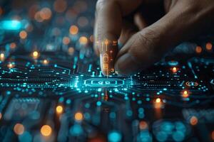 A persons hand is shown in close proximity, touching a circuit board photo