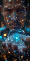 Man with modern device shows liquid, water, glass, plant themes in image photo