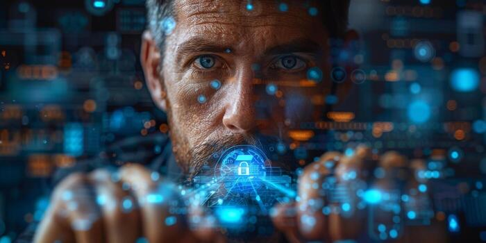 A man with a beard is focused on a digital screen during an event photo