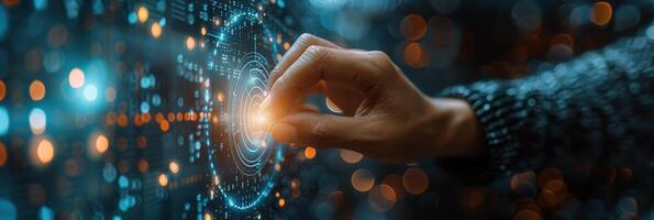 A person s hand pressing a button on a futuristic screen photo